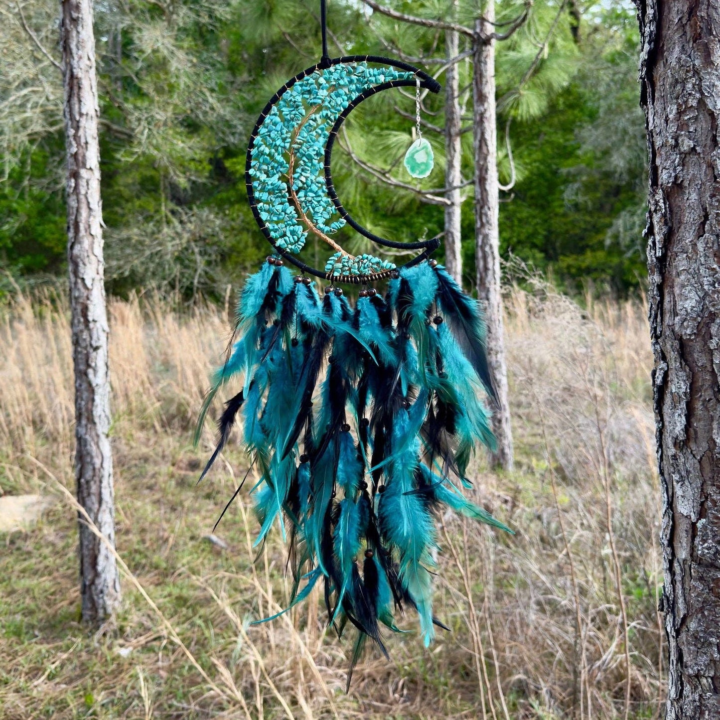 Medium Wall Hanging Crescent Moon Dream Catcher with Turquoise Stones & Hanging Stone Charm with Turquoise Black Feathers Modern Home Decor