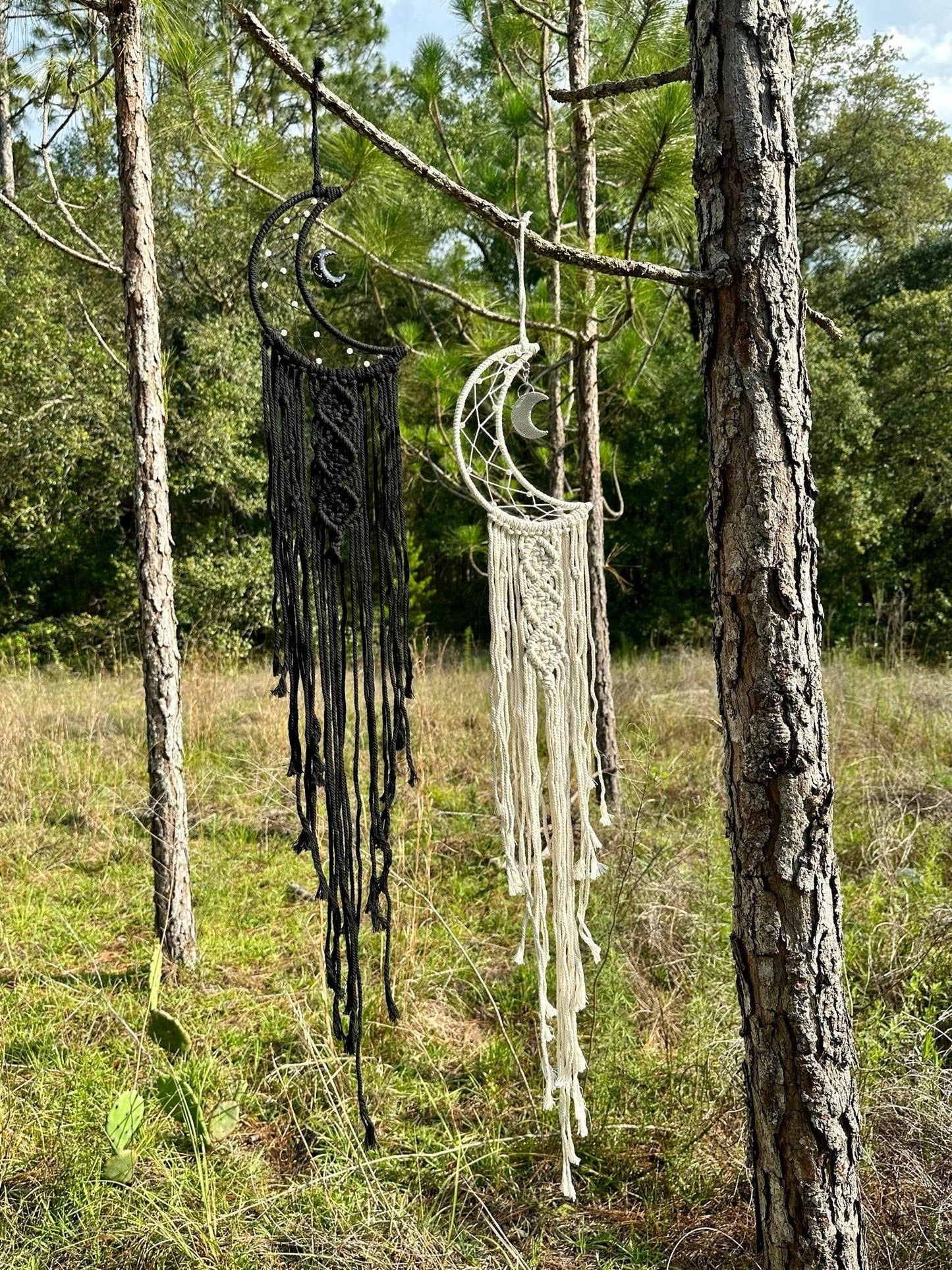 Macrame Wall Hanging Crescent Moon Dream Catcher with Moon Charm, Modern Boho Style Home Decor -- Black or Cream