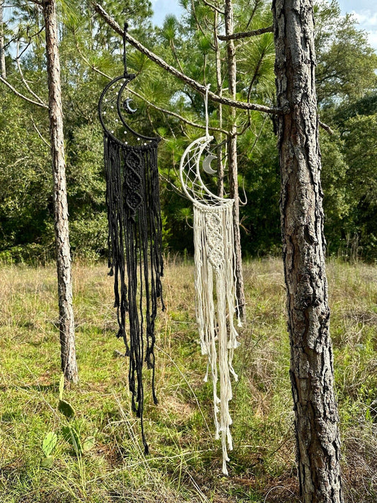 Macrame Wall Hanging Crescent Moon Dream Catcher with Moon Charm, Modern Boho Style Home Decor -- Black or Cream