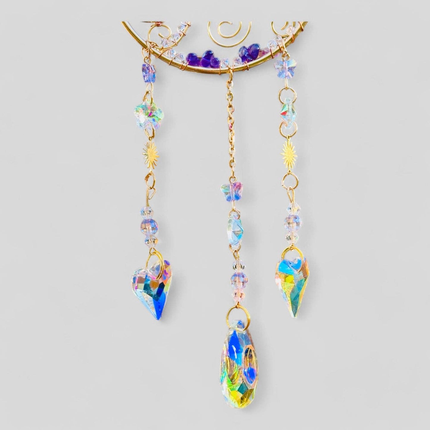 Gold Metal Crescent Moon Dreamcatcher Suncatcher with Swirls & Hanging Butterfly and Heart Jewel Charms  -- Window Hanging or Wall Hanging