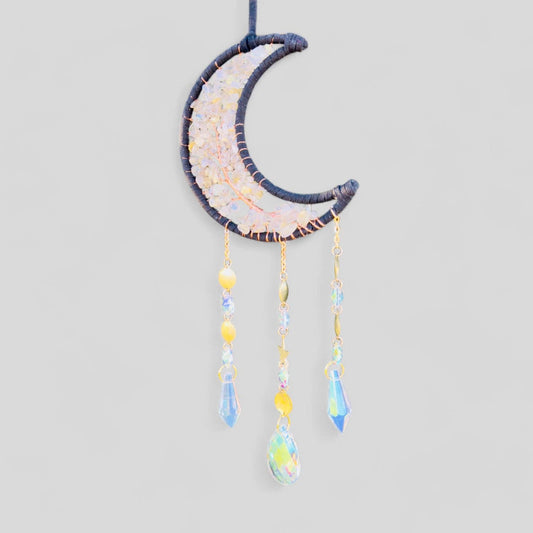 Black Crescent Moon Dreamcatcher Suncatcher with Hanging Jewel Charms -- Window Hanging or Wall Hanging