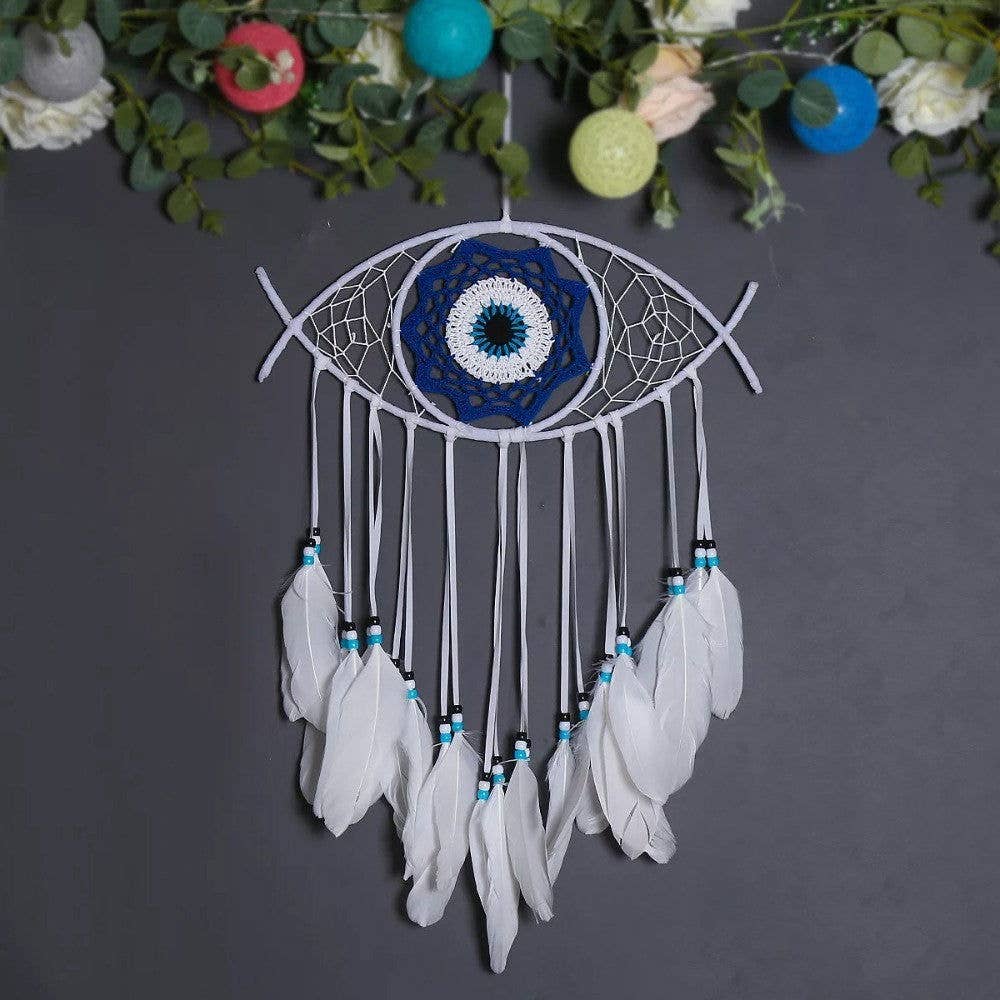 Large Wall Hanging Evil Eye Nazar Boncuk Mal De Ojo Dream Catcher with Feathers, Modern Boho Style Home Decor