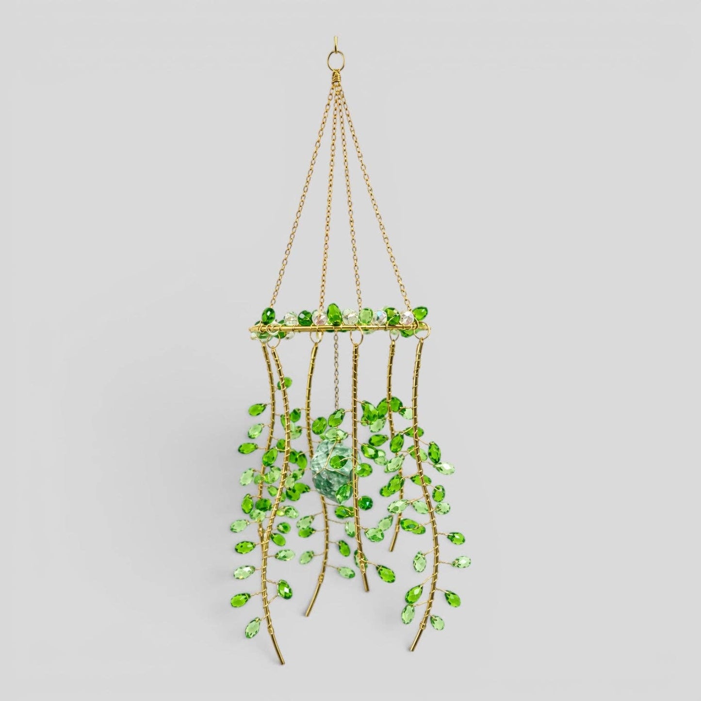 Hanging Gold Metal Suncatcher with Green and Clear Prismatic Beads & Natural Stone - Jelly Fish