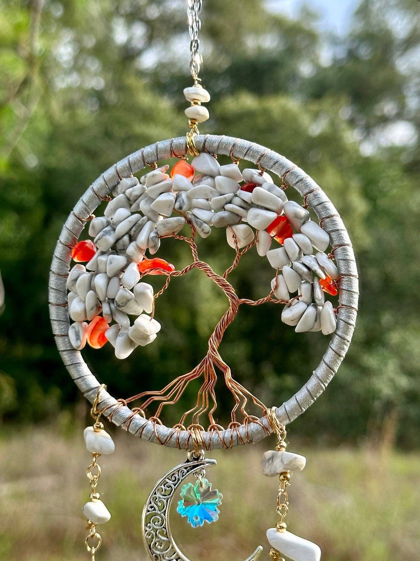 Handmade Tree of Life Dreamcatcher with Crescent Moon Charm - Rearview Mirror Suncatcher Hanging or Wall Hanging - White Stones