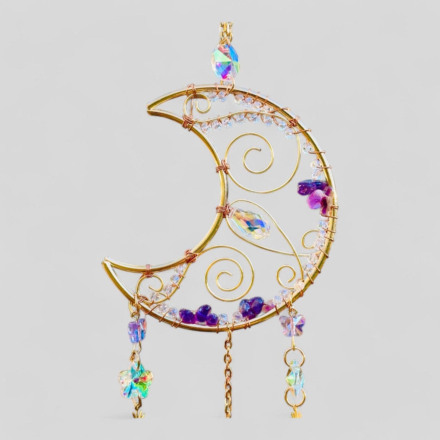 Gold Metal Crescent Moon Dreamcatcher Suncatcher with Swirls & Hanging Butterfly and Heart Jewel Charms  -- Window Hanging or Wall Hanging