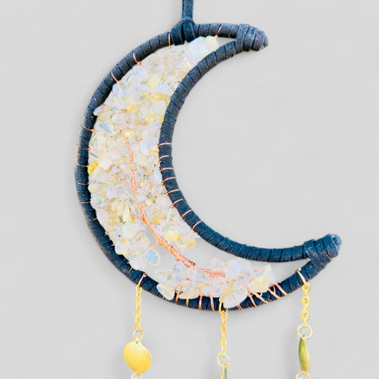 Black Crescent Moon Dreamcatcher Suncatcher with Hanging Jewel Charms -- Window Hanging or Wall Hanging