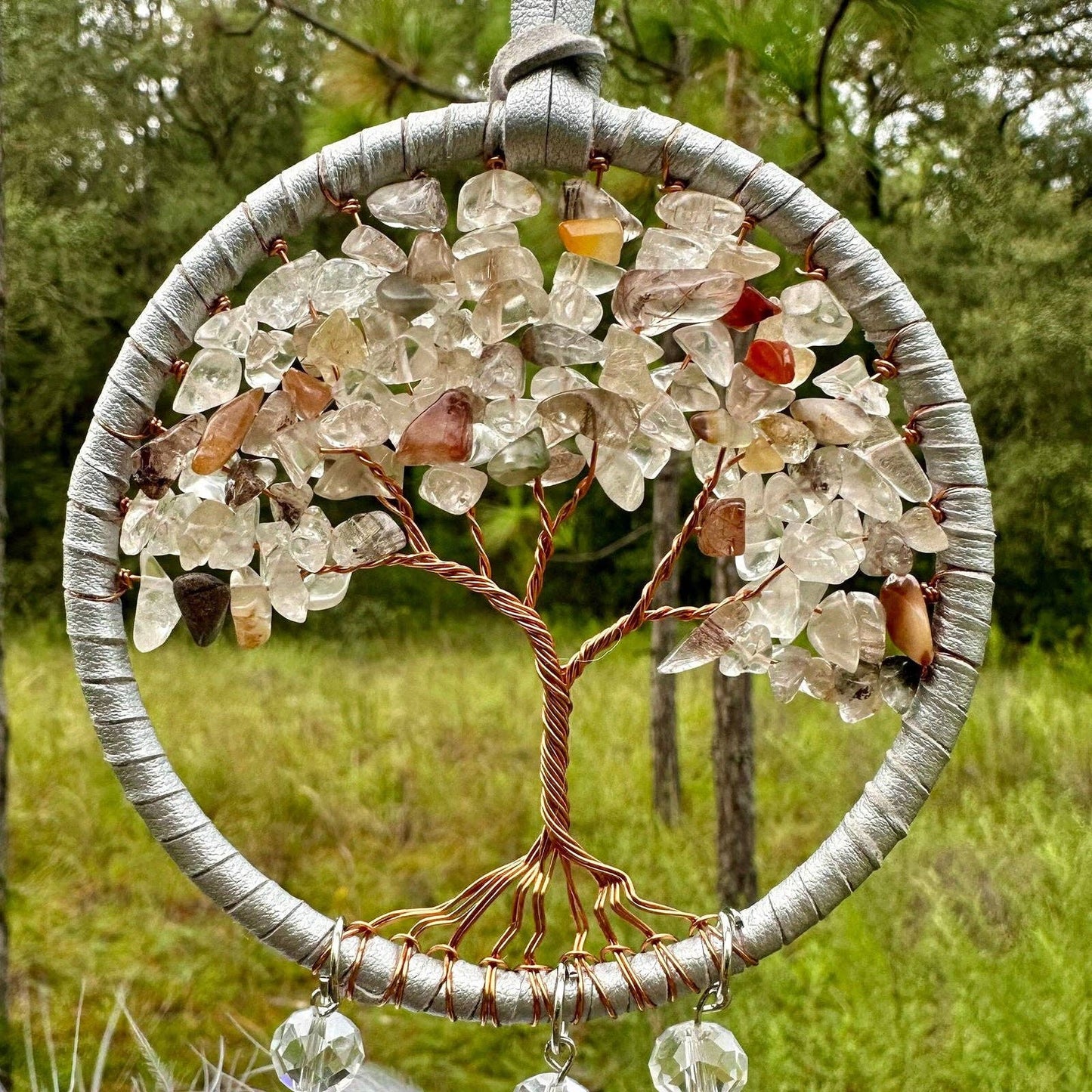 Handmade White Tree of Life Dreamcatcher with White Feathers -  Rearview Mirror Hanging or Wall Hanging