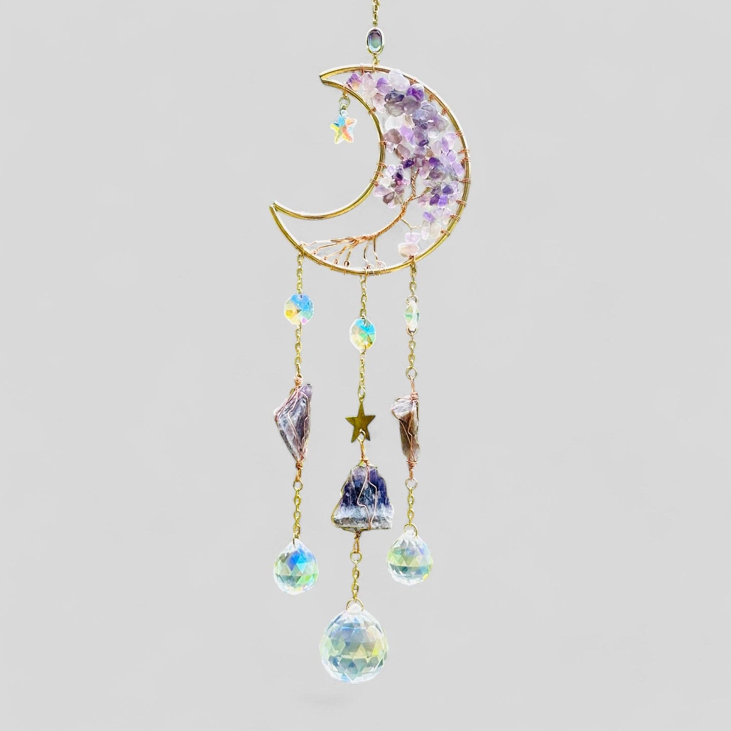 Gold Metal Crescent Moon Dreamcatcher Suncatcher with Tree of Life Amethyst Stones & Hanging Jewel Charms  -- Window Hanging or Wall Hanging