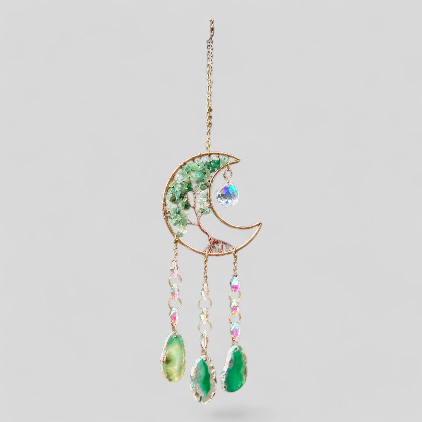 Gold Metal Crescent Moon Dreamcatcher Suncatcher with Green Tree of Life Aventurine & Hanging Jewel Charms -- Window Hanging or Wall Hanging