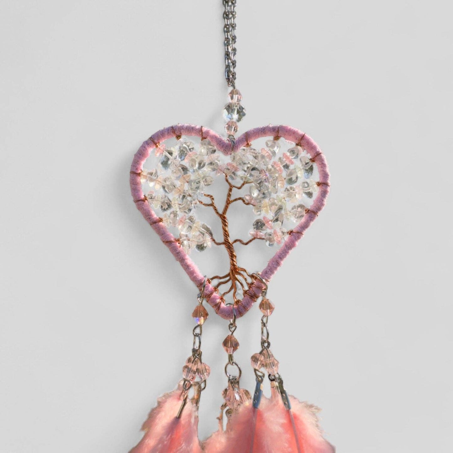 Handmade Pink Heart Shape Tree of Life Dreamcatcher with Pink Feathers - Rose Quartz Rearview Mirror Hanging or Wall Hanging