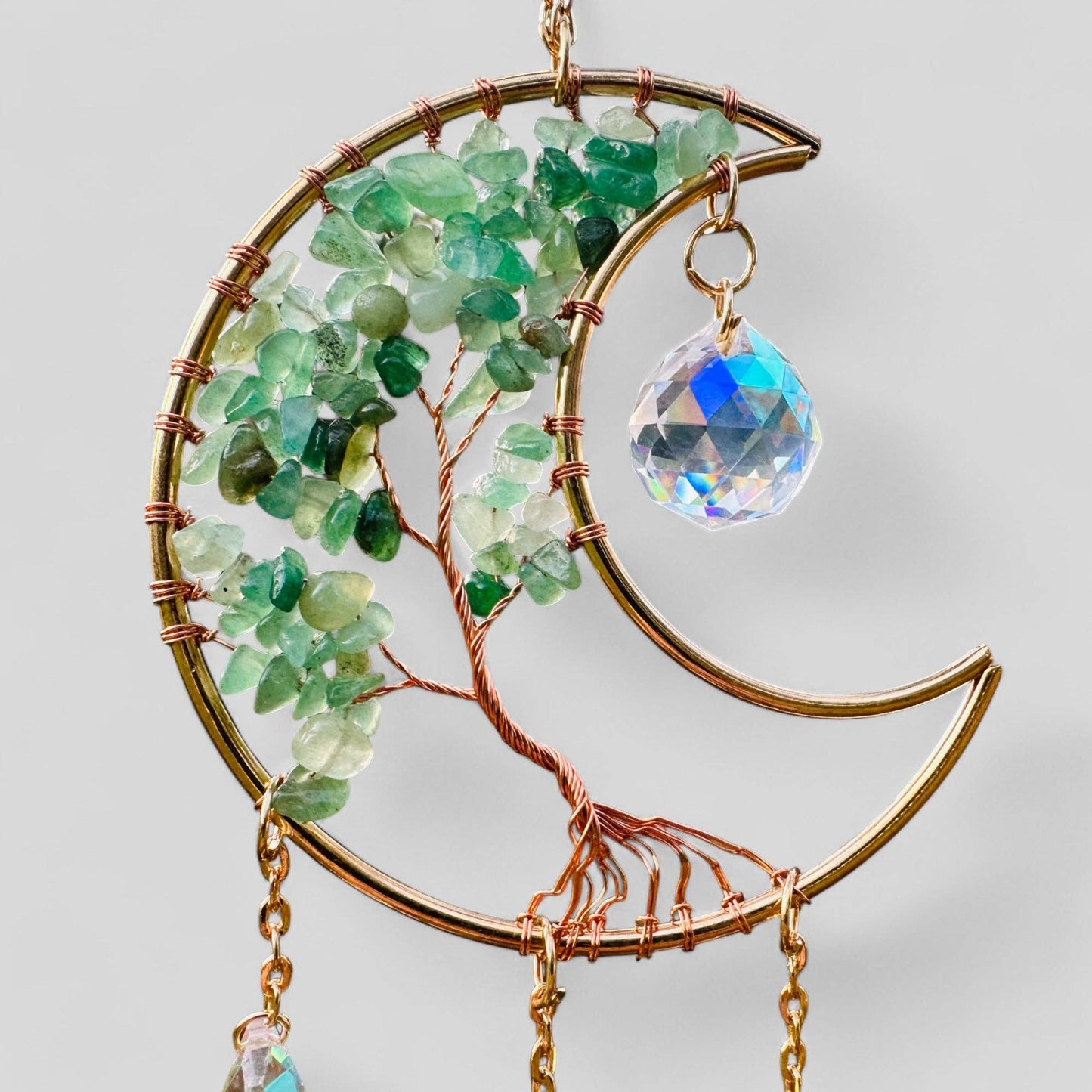 Gold Metal Crescent Moon Dreamcatcher Suncatcher with Green Tree of Life Aventurine & Hanging Jewel Charms -- Window Hanging or Wall Hanging