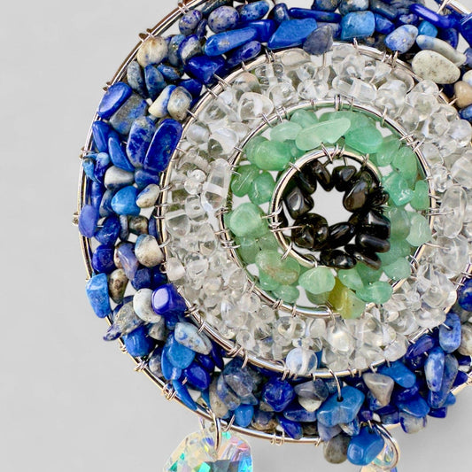 Handmade Evil Eye Nazar Boncuk Pendant with Hanging Prism Crystals for Rearview Mirror Hanging or Wall Hanging Lapis Lazuli, Crystal, Apatite