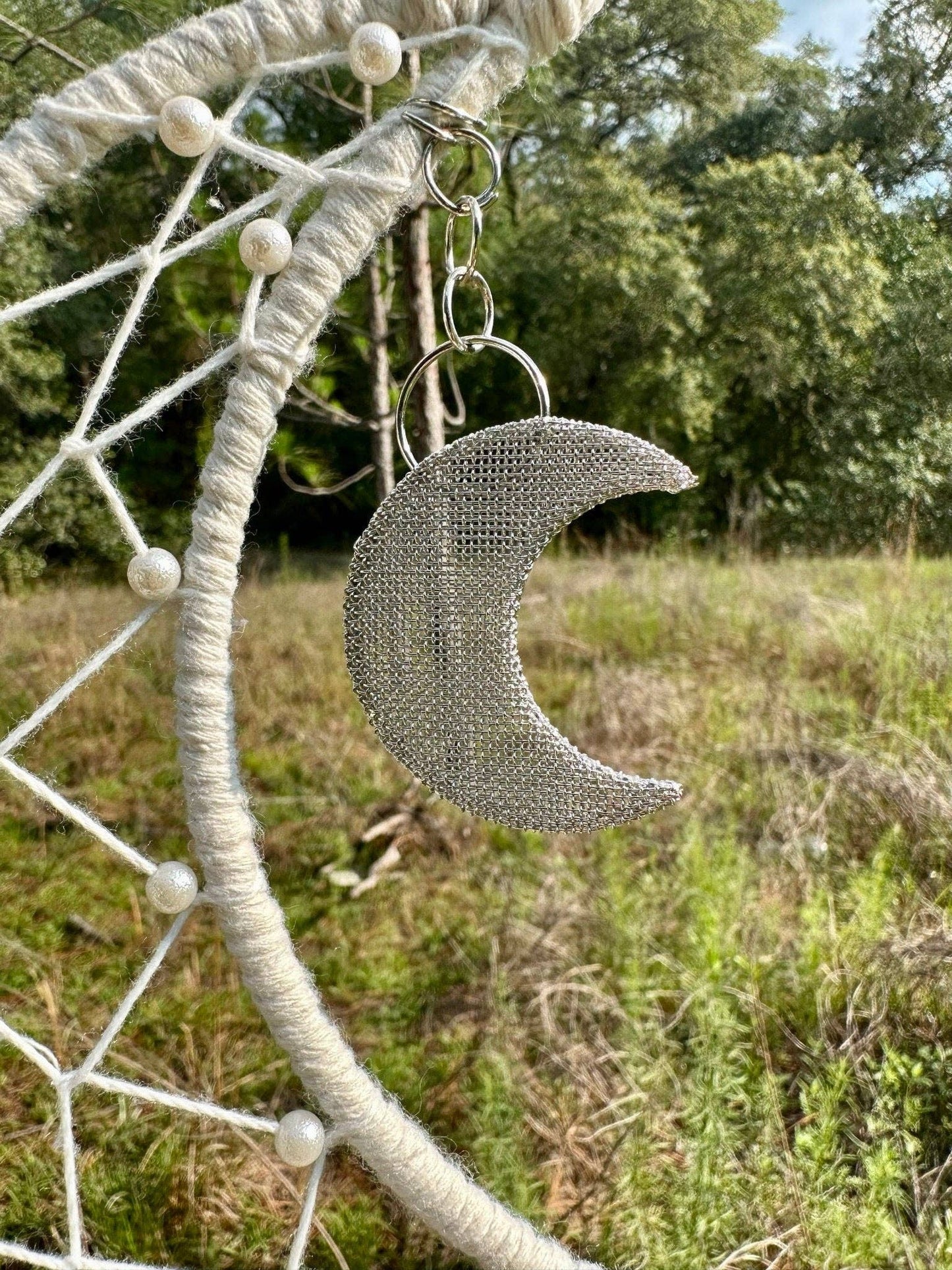 Macrame Wall Hanging Crescent Moon Dream Catcher with Moon Charm, Modern Boho Style Home Decor -- Black or Cream