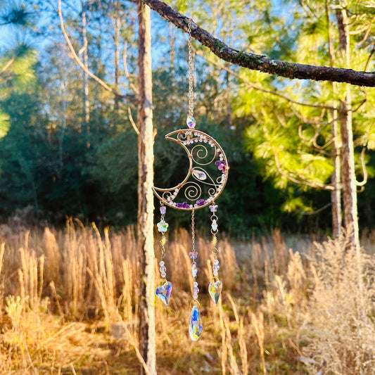 Gold Metal Crescent Moon Dreamcatcher Suncatcher with Swirls & Hanging Butterfly and Heart Jewel Charms  -- Window Hanging or Wall Hanging