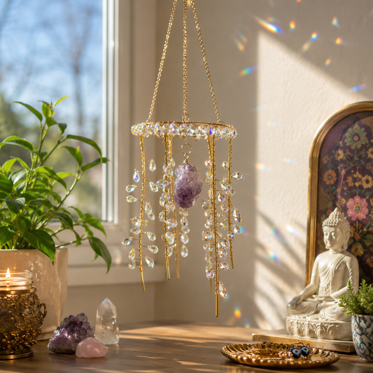 Hanging Gold Metal Suncatcher with Clear Prismatic Beads & Amethyst Stone - Jelly Fish
