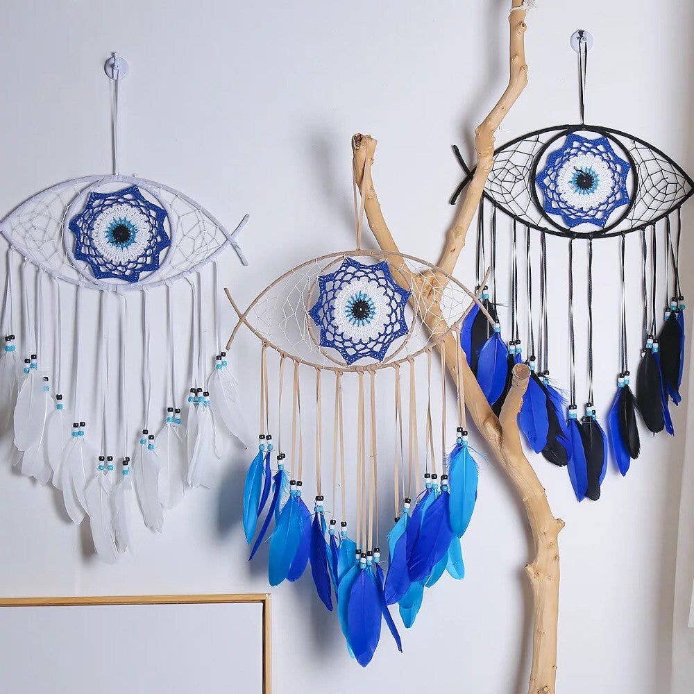 Large Wall Hanging Evil Eye Nazar Boncuk Mal De Ojo Dream Catcher with Feathers, Modern Boho Style Home Decor