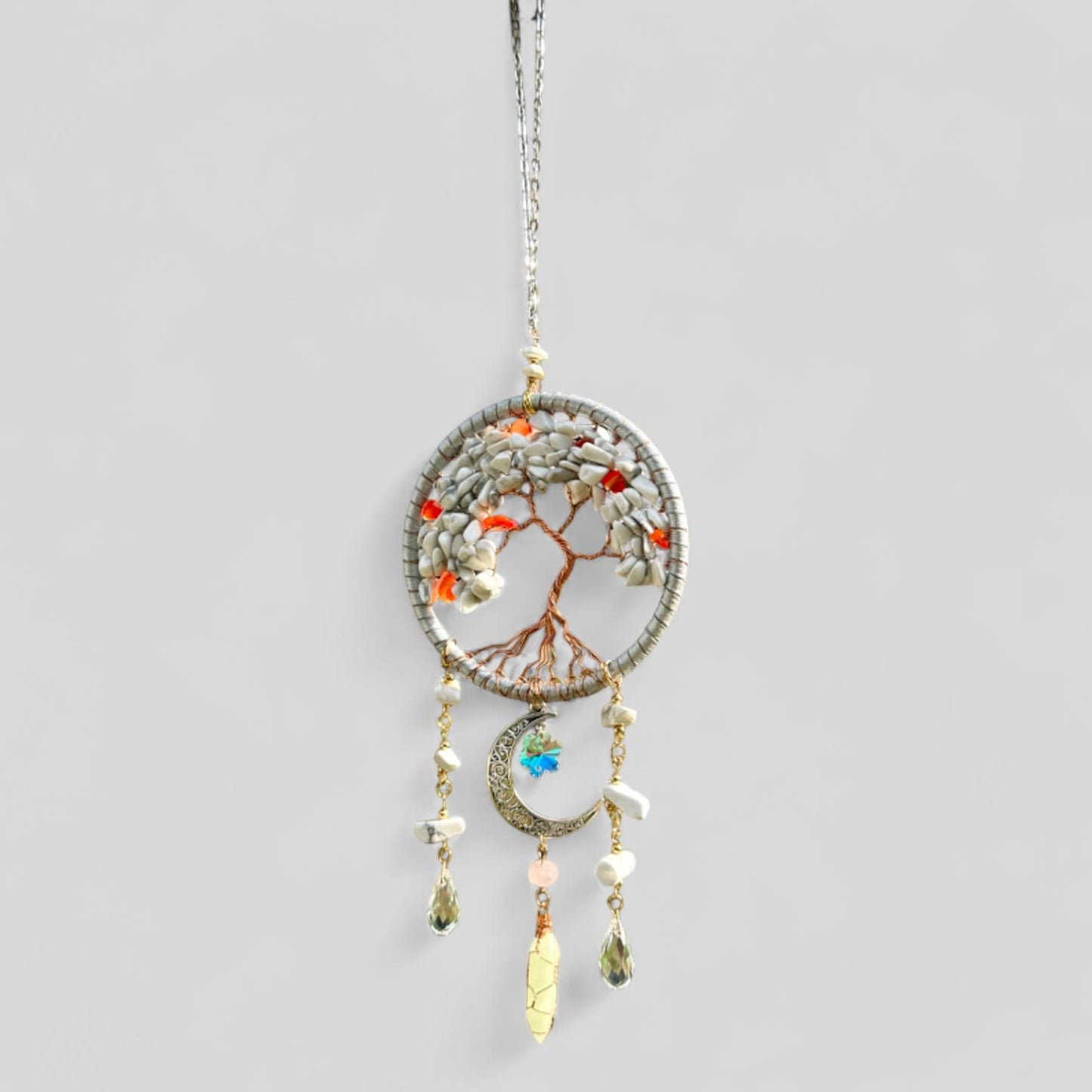 Handmade Tree of Life Dreamcatcher with Crescent Moon Charm - Rearview Mirror Suncatcher Hanging or Wall Hanging - White Stones