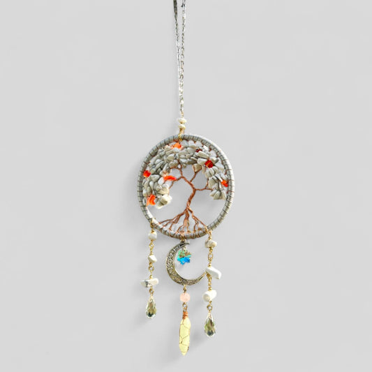 Handmade Tree of Life Dreamcatcher with Crescent Moon Charm - Rearview Mirror Suncatcher Hanging or Wall Hanging - White Stones