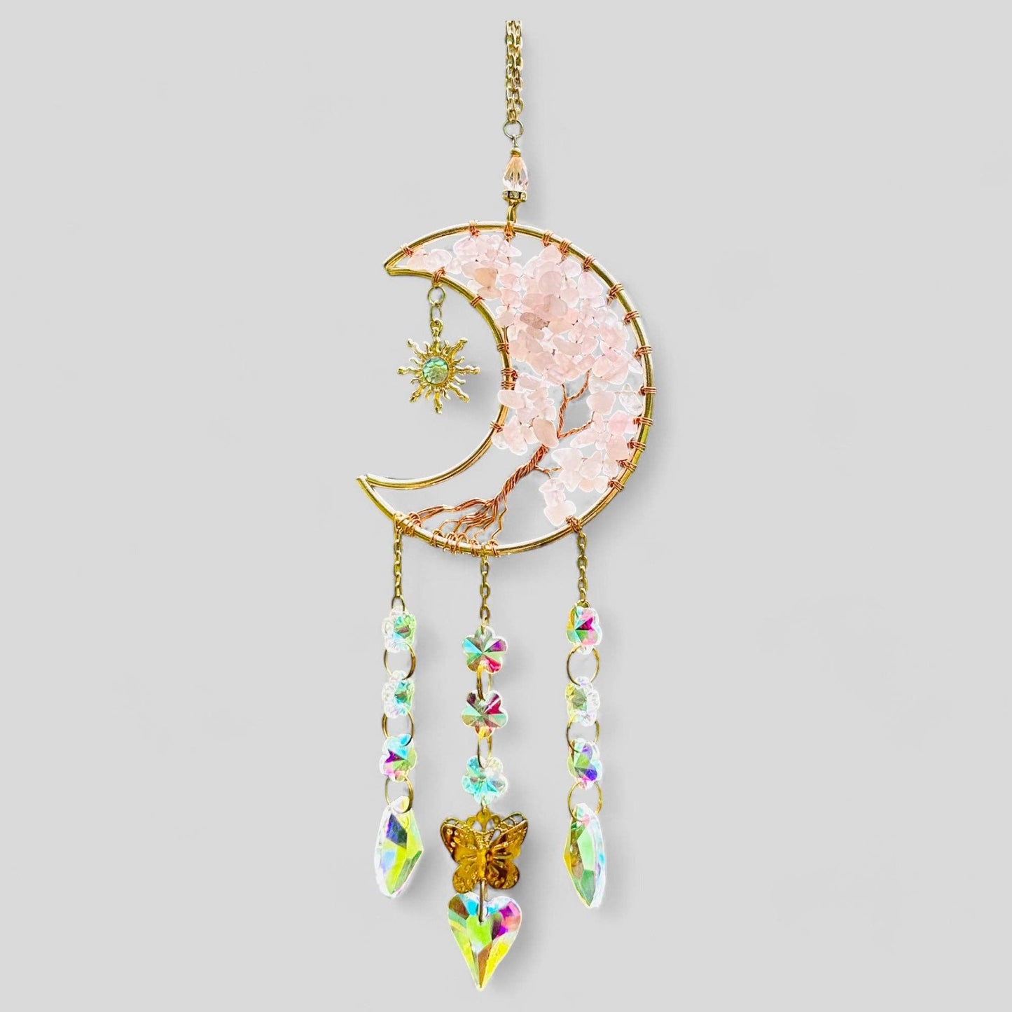 Gold Metal Crescent Moon Dreamcatcher Suncatcher with Tree of Life Rose Quartz & Hanging Jewel Charms  -- Window Hanging or Wall Hanging